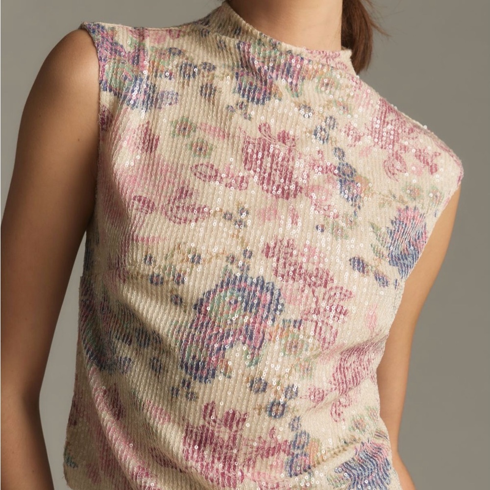 Anthropologie Mock-Neck Sequin Shell Top